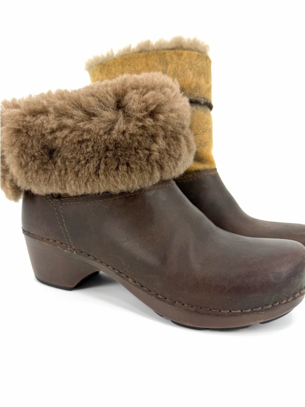 DANSKO Stormy Clog Boots Sz 6.5-7 EU 37 Brown Leather Button Shearling Fur Lined